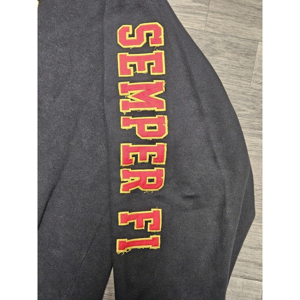 Vintage Marine Simper Fi Black Hoodie Size X-Large Sleeve Spellout MV Sport - Picture 3 of 8